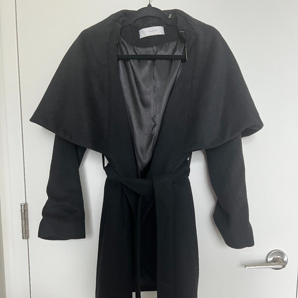 T TAHARI | MARLA OVERSIZED COLLAR WOOL BLEND WRAP COAT | Black|Size: xs